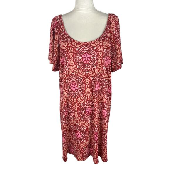 Boden Scoop Neck Jersey Mini Dress Poinsettia Exotic Tile Red Size 16/18 R - Picture 3 of 8